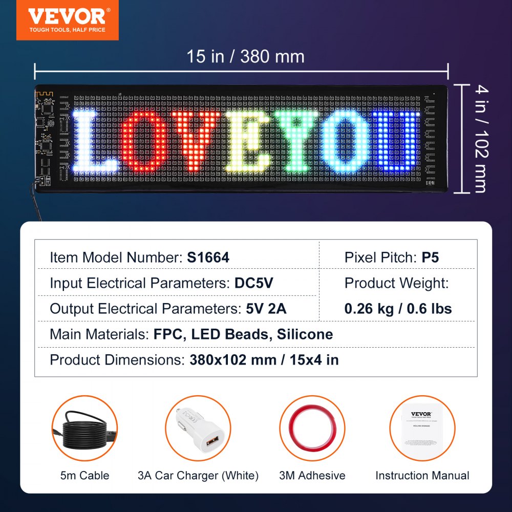 Programmable LED Sign, P5 Full Color LED Scrolling Panel, DIY Custom Text Animation Pattern Display Board, Bluetooth APP Control Message Shop Sign for Store Business Car Bar Advertising, 15"x4"
