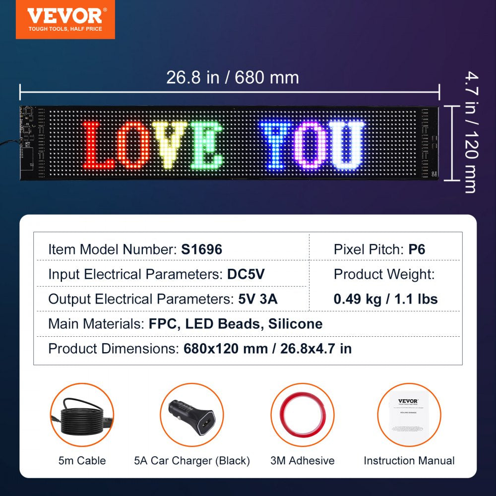 Programmable LED Sign, P6 Full Color LED Scrolling Panel, DIY Custom Text Animation Pattern Display Board, Bluetooth APP Control Message Shop Sign for Store Business Car Advertising, 27"x5"