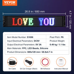Programmable LED Sign, P6 Full Color LED Scrolling Panel, DIY Custom Text Animation Pattern Display Board, Bluetooth APP Control Message Shop Sign for Store Business Car Advertising, 27"x5"