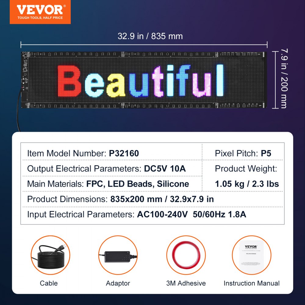Programmable LED Sign, P5 Full Color LED Scrolling Panel, DIY Custom Text Animation Pattern Display Board, Bluetooth APP Control Message Shop Sign for Store Business Car Advertising, 32.9"x8"