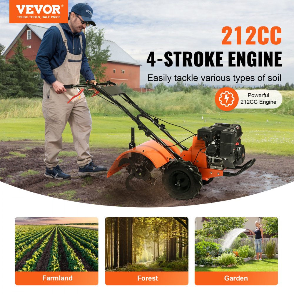 Tiller Cultivator, 212CC 4-Stroke Garden Cultivator, Tiller with 4 Steel Adjustable Rear Tines for Lawn, Garden and Field Soil Cultivation
