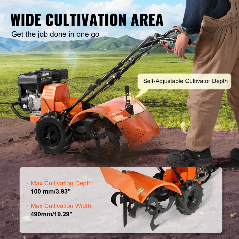Tiller Cultivator, 212CC 4-Stroke Garden Cultivator, Tiller with 4 Steel Adjustable Rear Tines for Lawn, Garden and Field Soil Cultivation