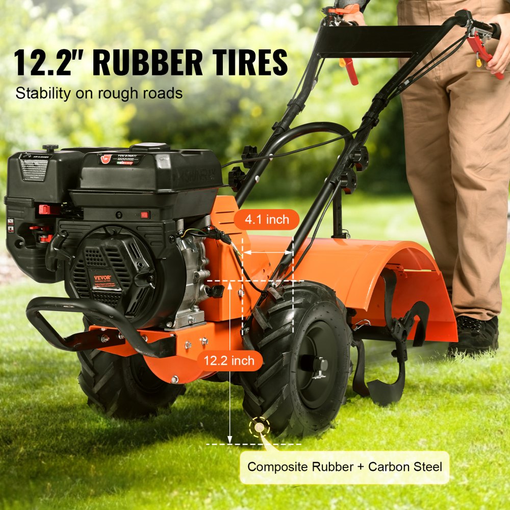 Tiller Cultivator, 212CC 4-Stroke Garden Cultivator, Tiller with 4 Steel Adjustable Rear Tines for Lawn, Garden and Field Soil Cultivation
