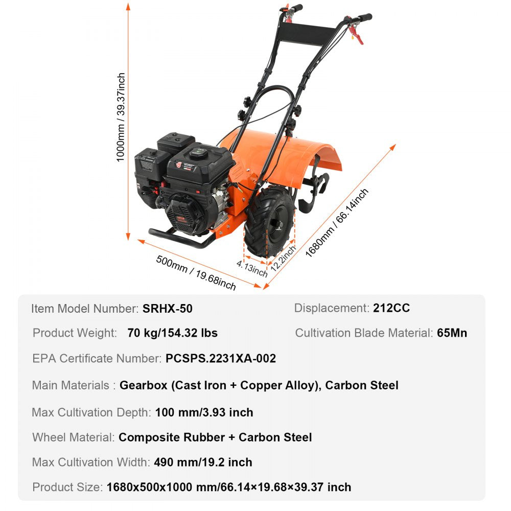 Tiller Cultivator, 212CC 4-Stroke Garden Cultivator, Tiller with 4 Steel Adjustable Rear Tines for Lawn, Garden and Field Soil Cultivation