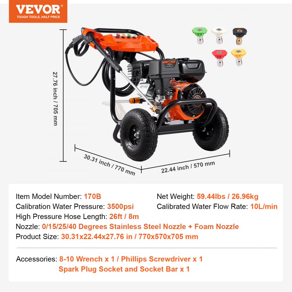 Gas Pressure Washer 3500 PSI 2.6 GPM with 5 Nozzle Set for Cars Fences