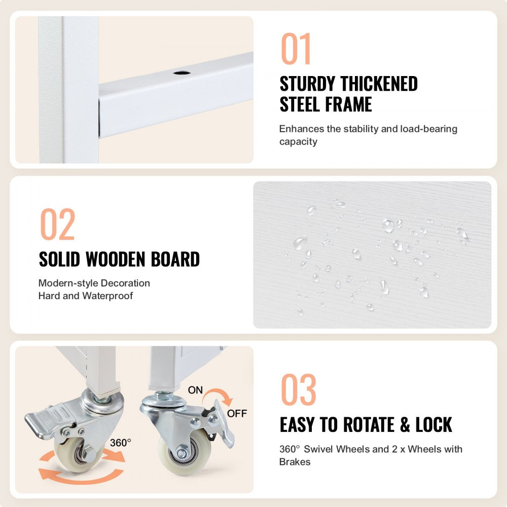 White three-tier foldable heat press stand with wheels and vinyl roll holders.