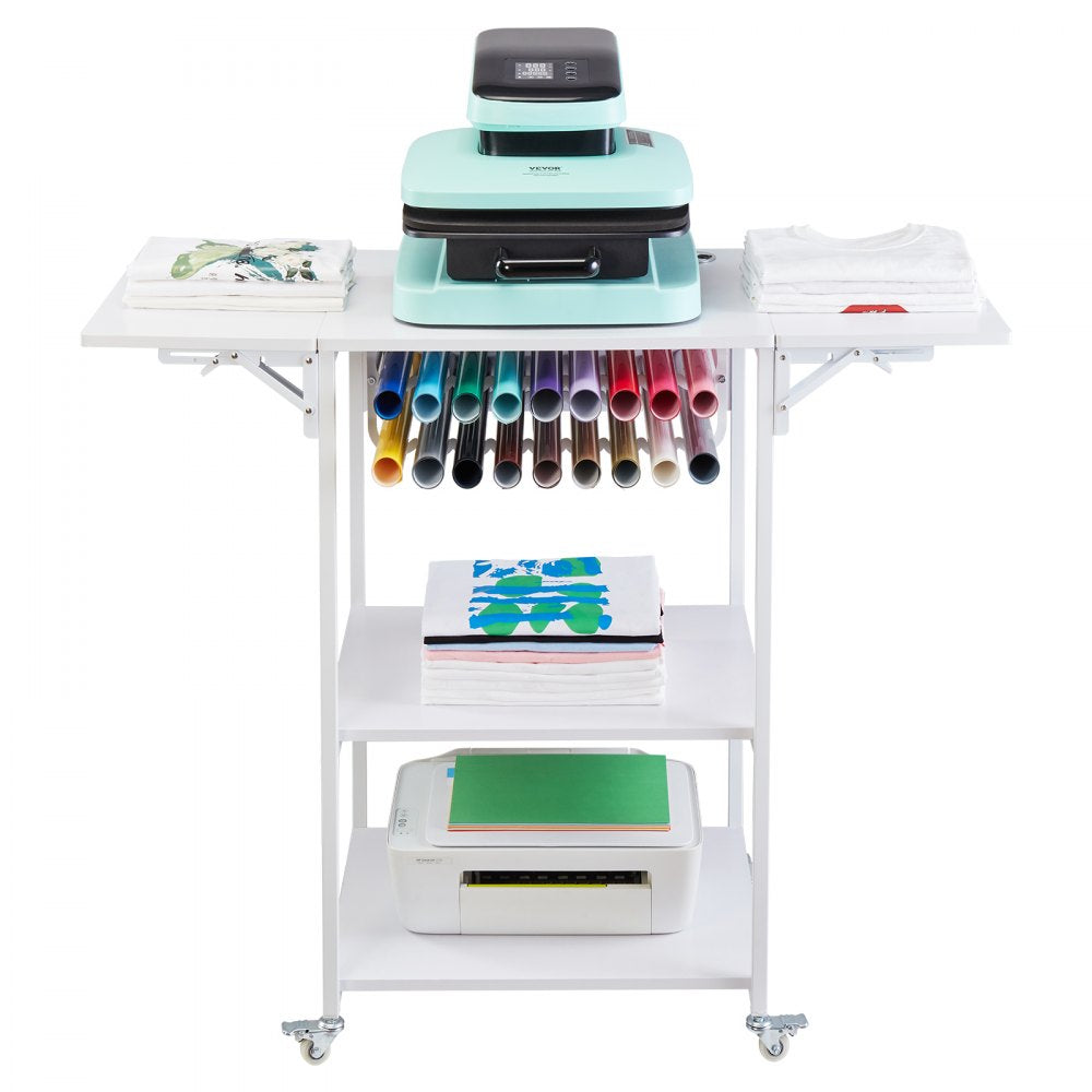 White foldable 3-tier heat press stand with wheels and vinyl roll holders.