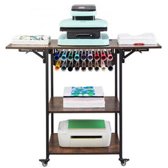 Brown metal 3-tier foldable heat press stand on wheels for organized crafting.
