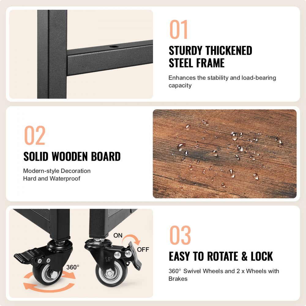 Brown metal 3-tier foldable heat press stand on wheels with sturdy construction and ample storage.