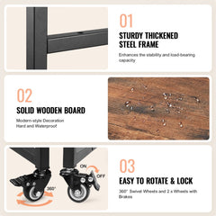 Brown metal 3-tier foldable heat press stand on wheels with sturdy construction and ample storage.