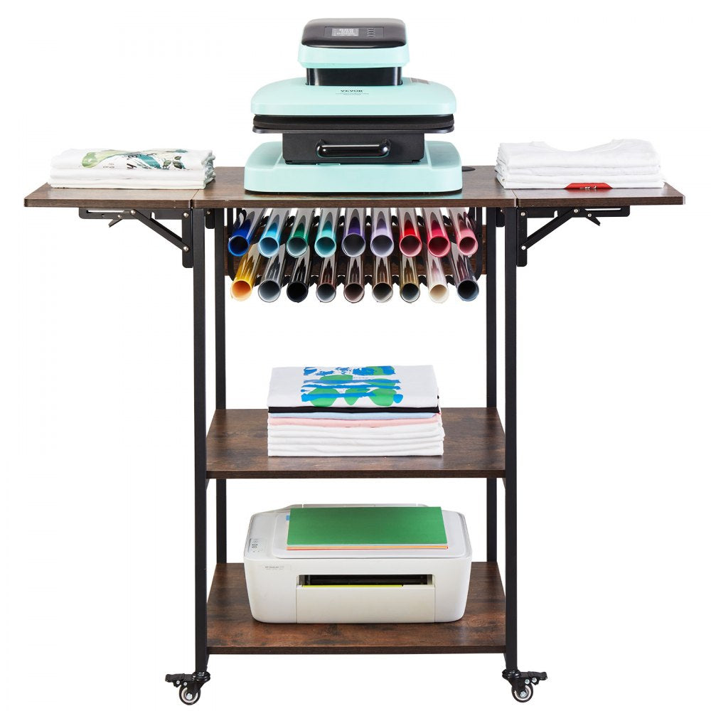 Brown metal 3-tier foldable heat press stand on wheels with durable construction and ample storage.