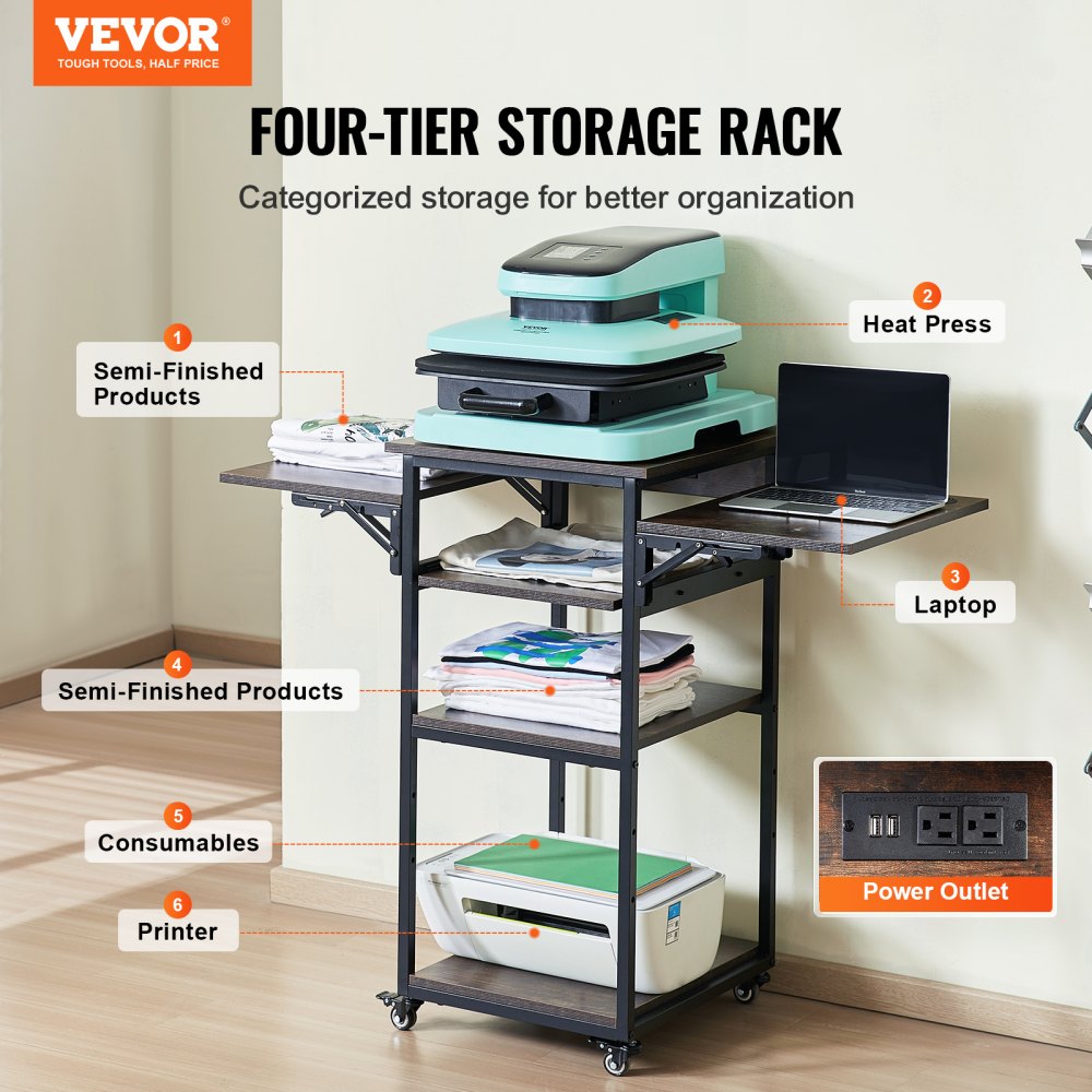 4-tier heat press stand with charging station, sturdy metal frame, and movable cart design.
