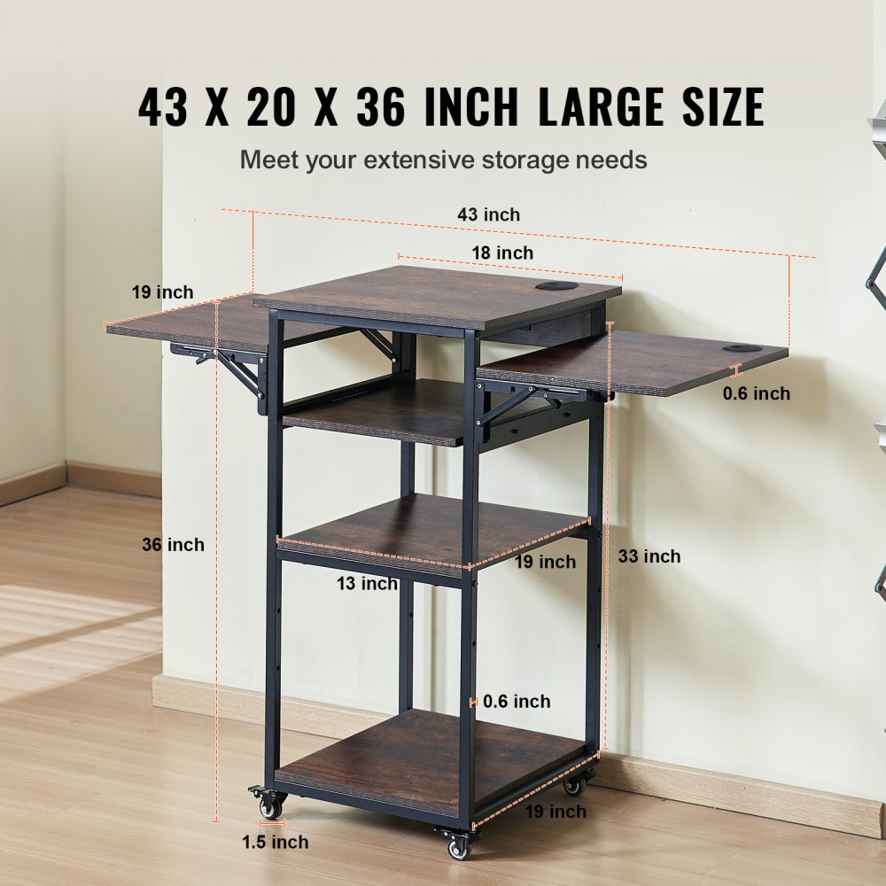 4-tier movable cart with charging station, sturdy metal and wood construction, and foldable side panels.