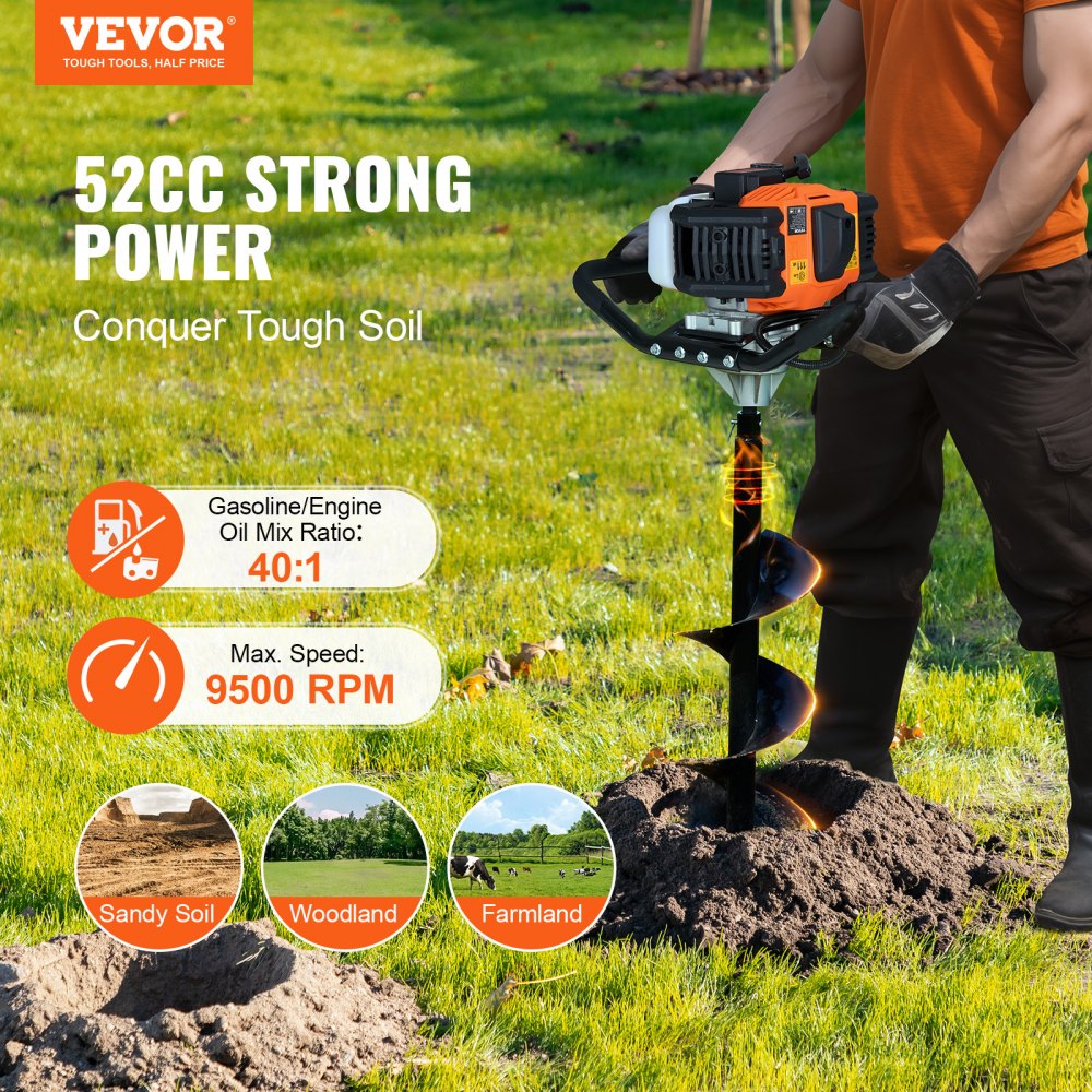 Gas Post Hole Digger 52CC 1450W with 8” Drill Bits & 1 Extension Rod
