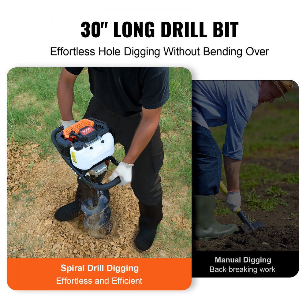 Gas Post Hole Digger 52CC 1450W with 8” Drill Bits & 1 Extension Rod