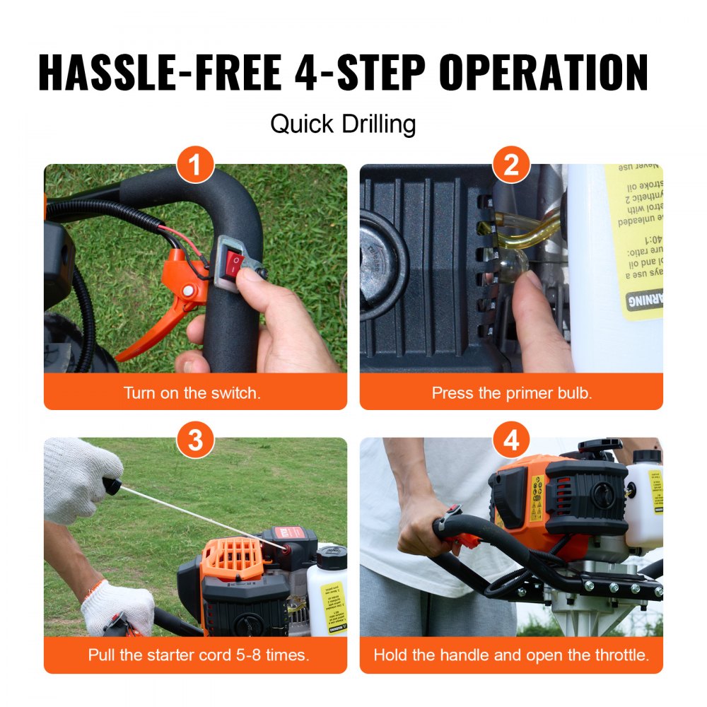 Gas Post Hole Digger 52CC 1450W with 8” Drill Bits & 1 Extension Rod
