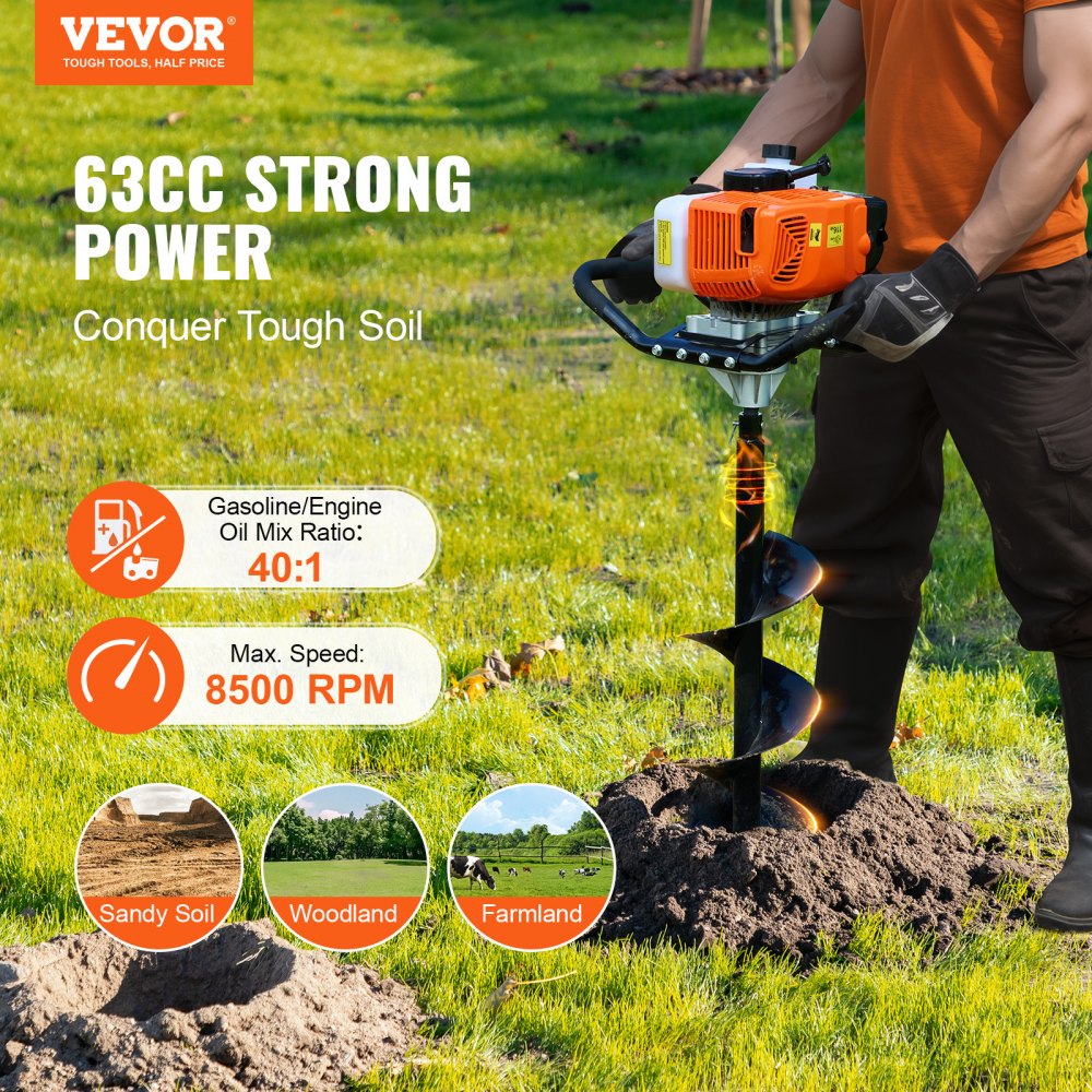 Gas Post Hole Digger 63CC 2400W with 8” Drill Bits & 1 Extension Rod