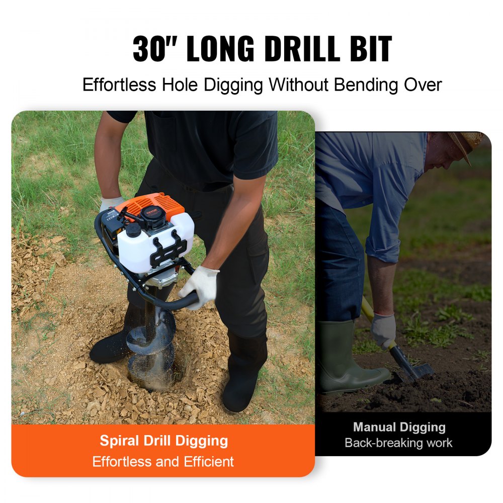 Gas Post Hole Digger 63CC 2400W with 8” Drill Bits & 1 Extension Rod