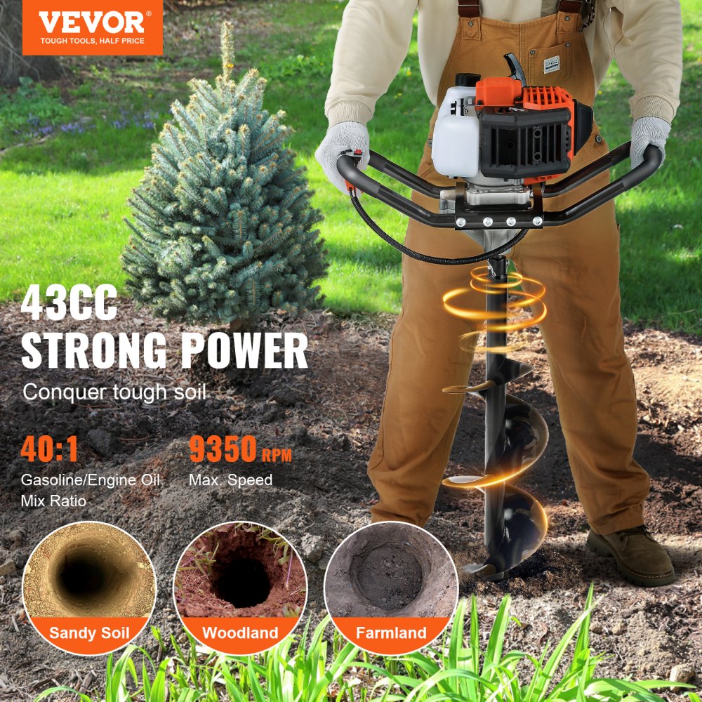 Post Hole Digger, 43cc 1250W Auger Post Hole digger, Gas Powered Earth Digger with 8" Earth Auger Drill Bit, 30 inch Long Alloy Steel Auger, for Farmland, Garden and Plant, EPA certification