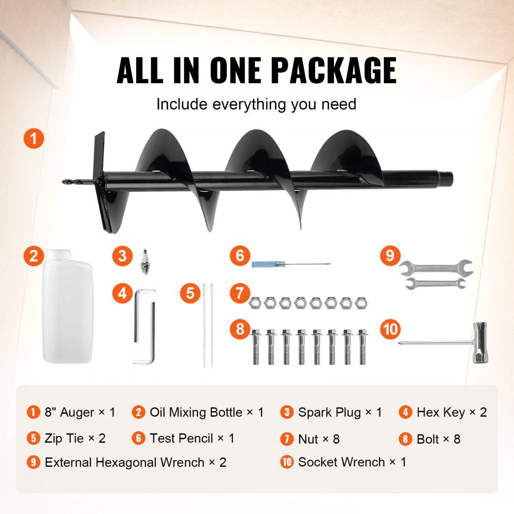 Post Hole Digger, 43cc 1250W Auger Post Hole digger, Gas Powered Earth Digger with 8" Earth Auger Drill Bit, 30 inch Long Alloy Steel Auger, for Farmland, Garden and Plant, EPA certification