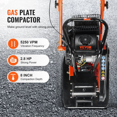 Bostome plate compactor with 2.8 HP gas engine, orange frame, and folding handle.