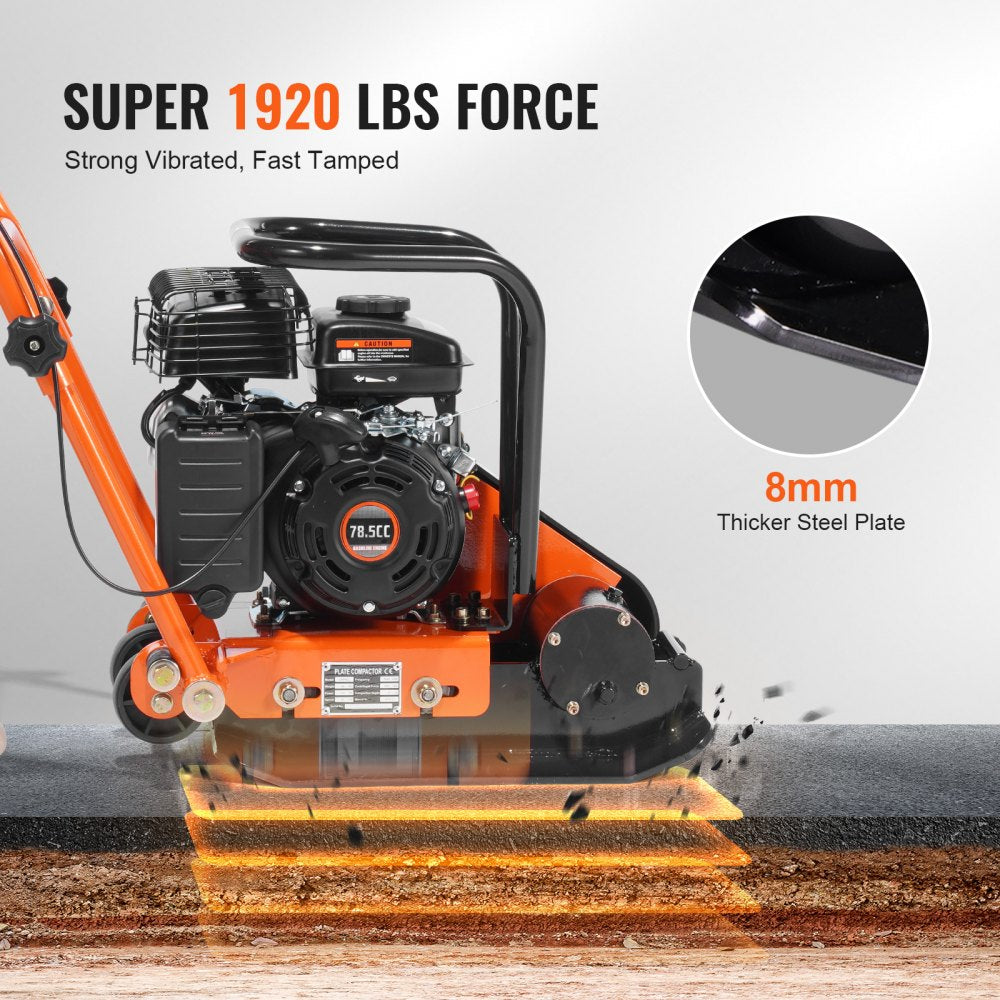 Orange plate compactor with 2.8 HP gas engine, 1920 lbs force, and 8 mm thick steel plate.