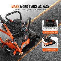 Orange plate compactor with 2.8 HP gas engine, folding handle, and 35-inch stamped plate.