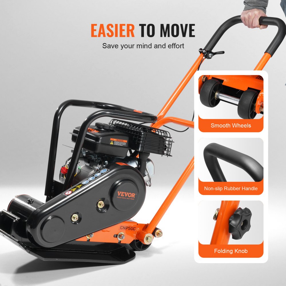 Orange Bostome plate compactor with 2.8 HP gas engine, folding handle, and wide wheels.