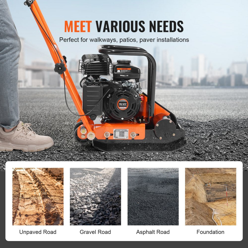 Orange plate compactor with 2.8 HP gas engine and 1920 lbs force, shown compacting various surfaces.