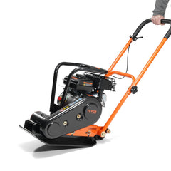 Orange Bostome plate compactor with 2.8 HP gas engine and folding handle.