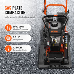 Bostome 6.5 HP Plate Compactor with a 351 in² plate and 4200 lbs force for soil compaction.