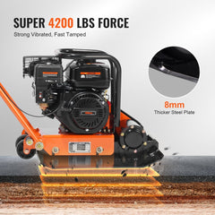 Bostome 6.5 HP Plate Compactor with a 351 in² plate and 4200 lbs force for soil compaction.