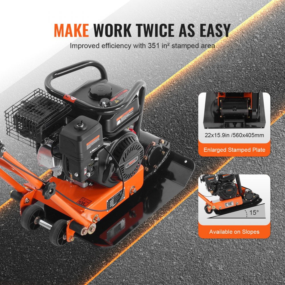 Bostome 6.5 HP Plate Compactor with a large plate and gas engine for efficient soil compaction.