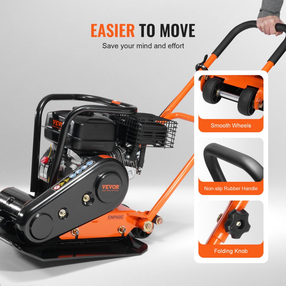Bostome 6.5 HP Plate Compactor with a 351 in² plate and heavy-duty wheels for easy transport.