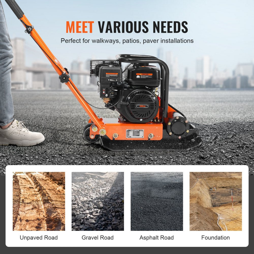Bostome 6.5 HP Plate Compactor with a 351 in² plate and 4200 lbs force for soil compaction.