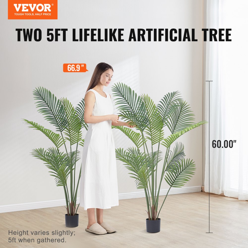 Artificial Palm Tree, 5 FT Tall Faux Plant, Secure PE Material & Anti-Tip Tilt Protection Low-Maintenance Plant, Lifelike Green Fake Tree for Home Office Warehouse Decor Indoor Outdoor
