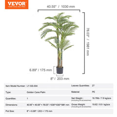 Artificial Gold Cane Palm Tree, 6.5 FT Tall Faux Plant, PE Material & Anti-Tip Tilt Protection Low-Maintenance Plant, Lifelike Green Fake Tree for Home Office Warehouse Decor Indoor Outdoor