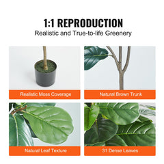 Artificial Fiddle Leaf Fig Tree, 5 FT, Secure PE Material & Anti-Tip Tilt Protection Low-Maintenance Faux Plant, Lifelike Green Fake Potted Tree for Home Office Warehouse Decor Indoor Outdoor