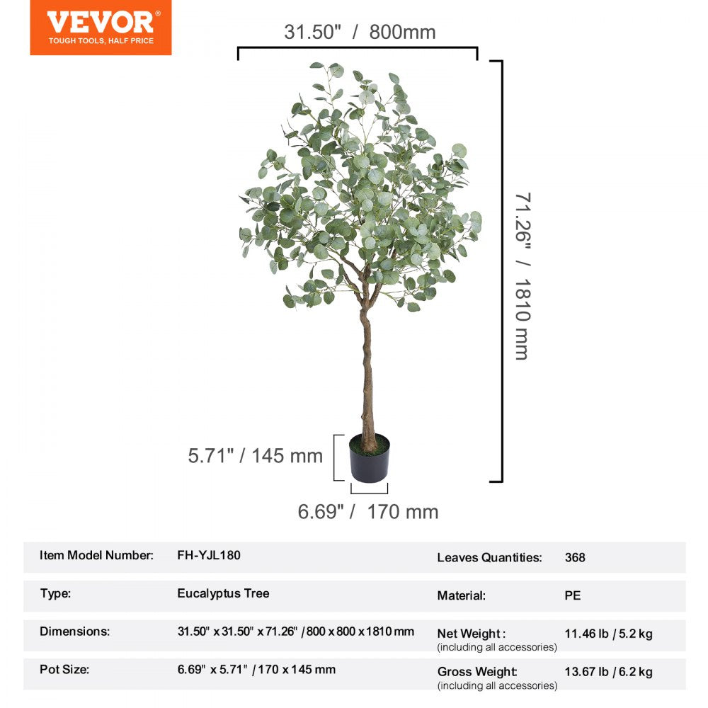 Artificial Eucalyptus Tree, 6 FT Tall Faux Plant, Secure PE Material & Anti-Tip Tilt Protection Low-Maintenance Plant, Lifelike Green Fake Potted Tree for Home Office Decor Indoor Outdoor