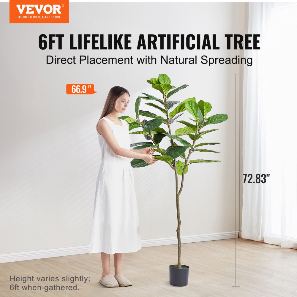 Artificial Fiddle Leaf Fig Tree, 6 FT, Secure PE Material & Anti-Tip Tilt Protection Low-Maintenance Faux Plant, Lifelike Green Fake Potted Tree for Home Office Warehouse Decor Indoor Outdoor
