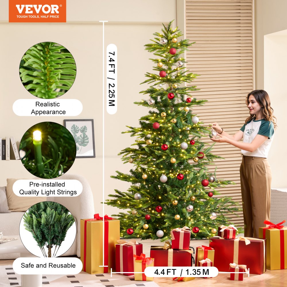Christmas Tree 7.5ft Prelit Artificial Tree with 700 White LEDs 1319 Tips