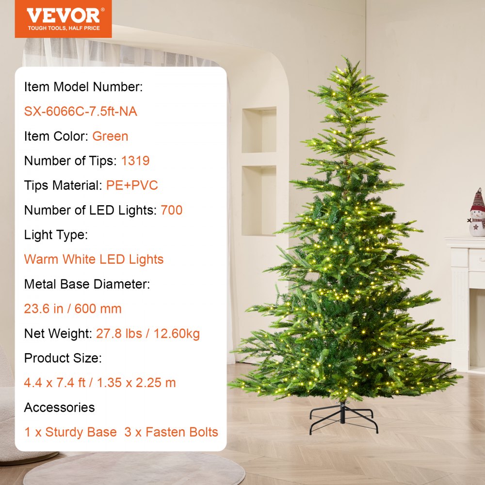 Christmas Tree 7.5ft Prelit Artificial Tree with 700 White LEDs 1319 Tips