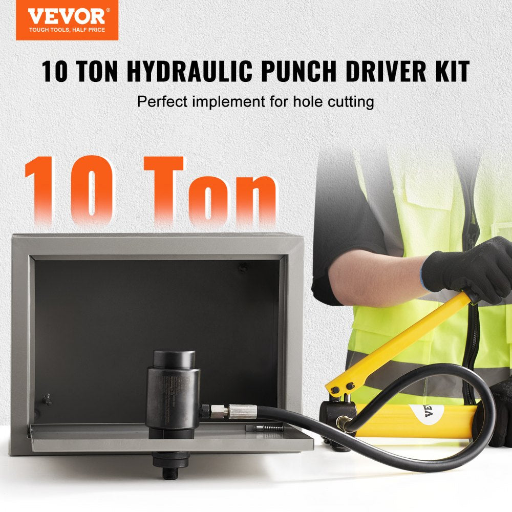 Bostome 10 Ton Hydraulic Knockout Punch Kit with hand pump, punch, dies, and case.