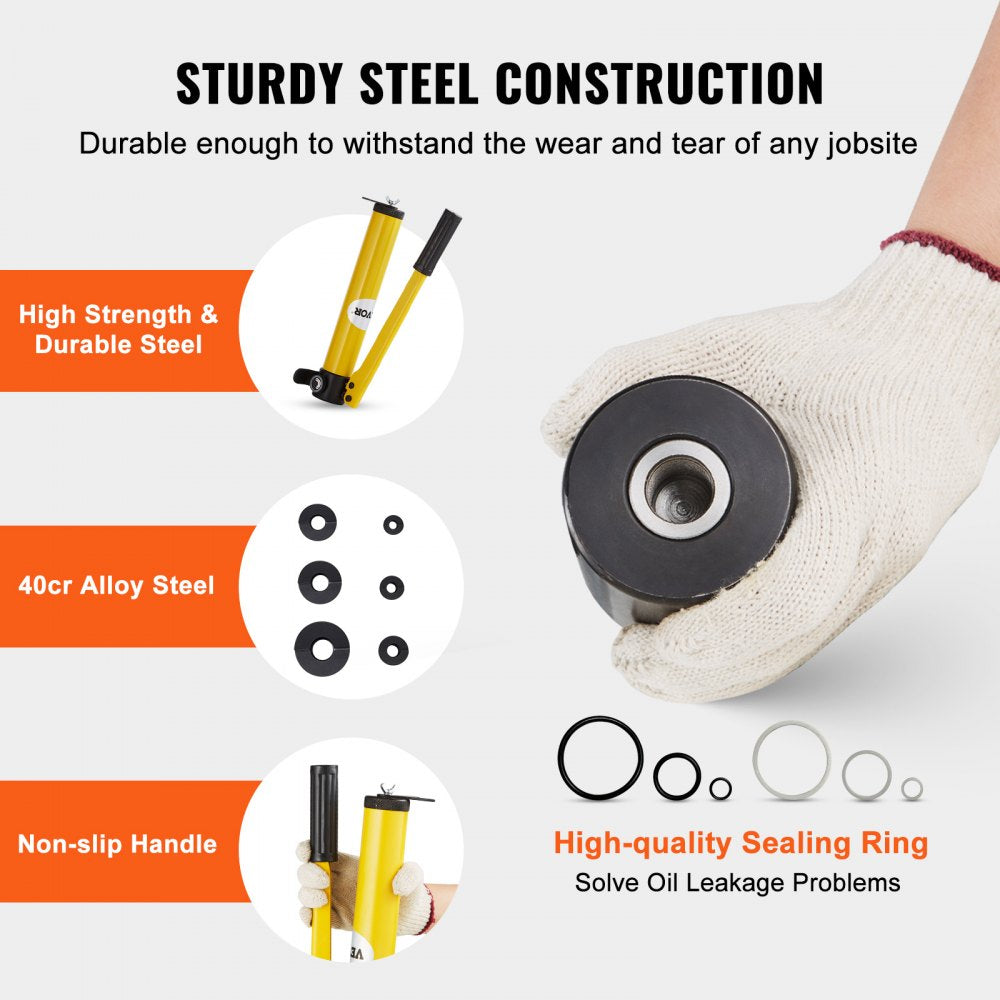 Bostome 10-ton hydraulic knockout punch kit with sturdy steel construction, non-slip handle, and high-quality sealing rings.