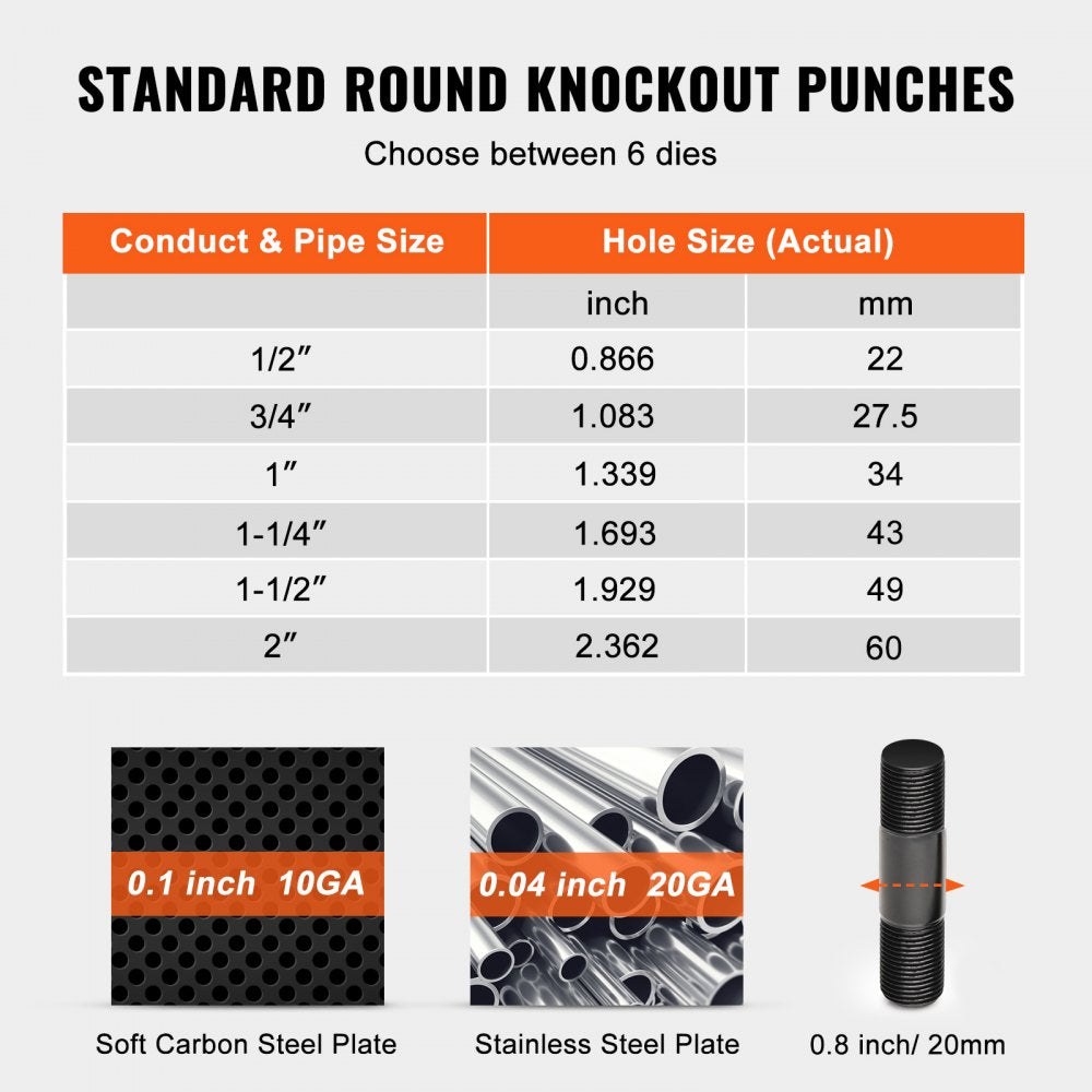 Bostome 10 Ton Hydraulic Knockout Punch Kit with 1/2" to 2" conduit dies and table of hole sizes.