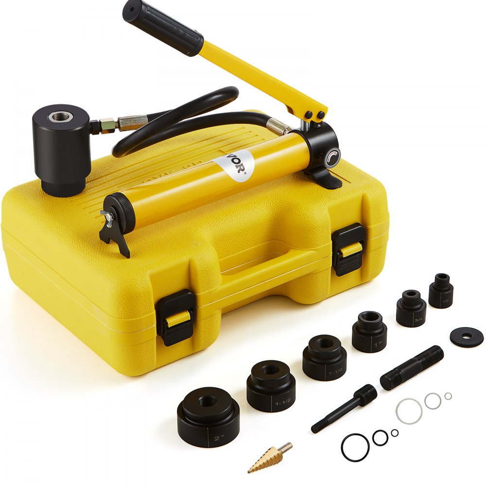Yellow 10-ton hydraulic knockout punch kit in case with black dies for 1/2"-2" conduit.