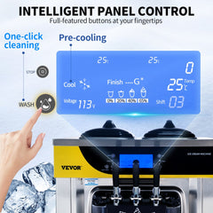 Commercial Ice Cream Maker, 22-30L/H Yield, 2200W Countertop Soft Serve Machine w/ 2x6L Hopper 2L Cylinder LCD Panel Puffing Shortage Alarm, Frozen Yogurt Maker for Restaurant Snack Bar, Silver
