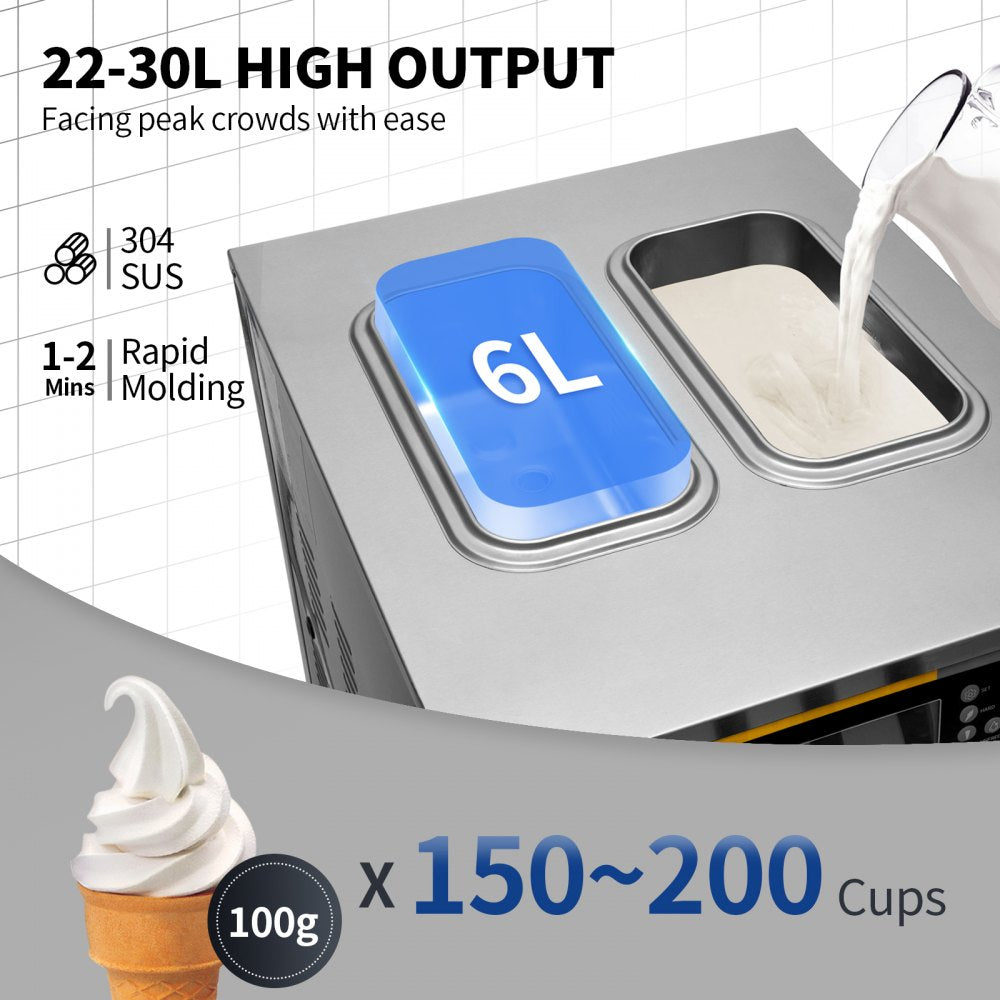 Commercial Ice Cream Maker, 22-30L/H Yield, 2350W Countertop Soft Serve Machine w/ 2x6L Hopper 2L Cylinder LCD Panel Puffing Shortage Alarm, Frozen Yogurt Maker for Restaurant Snack Bar, Silver