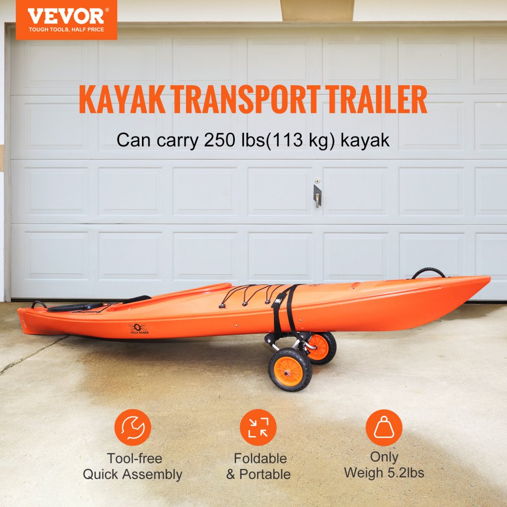 Heavy Duty Kayak Cart, 250lbs Load Capacity, Foldable Canoe Trolley Cart with 10`` Solid Tires, Nonslip Support Foot & Tie-Down Strap, for Kayaks Canoes Paddleboards Float Mats Jon Boats