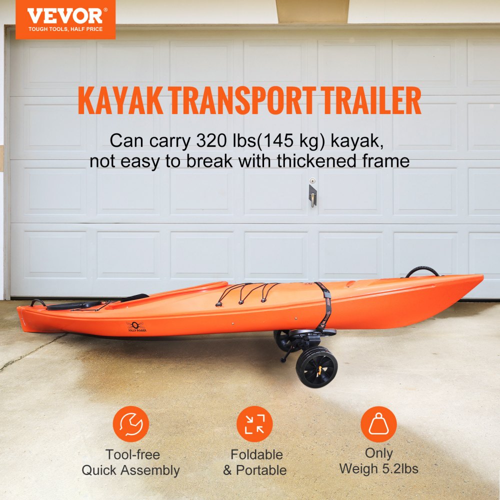 Heavy Duty Kayak Cart, 320lbs Load Capacity, Detachable Canoe Trolley Cart with 10`` Solid Tires, Adjustable Brackets & Nonslip Support Foot, for Kayaks Canoes Paddleboards Float Mats Jon Boats